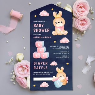 Invitación Todo En Uno Linda niña conejita rosa Reina Traje azul marino B