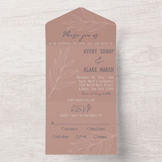 Invitación Todo En Uno Línea de Foliage Art Light Terracotta & Navy Boho (Interior)