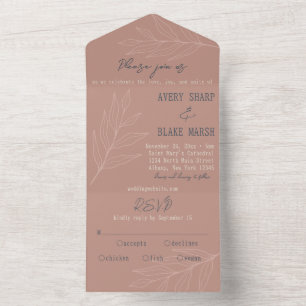 Invitación Todo En Uno Línea de Foliage Art Light Terracotta & Navy Boho