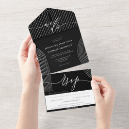 Invitación Todo En Uno Línea Geométrica simple Boda de caligrafía negra
