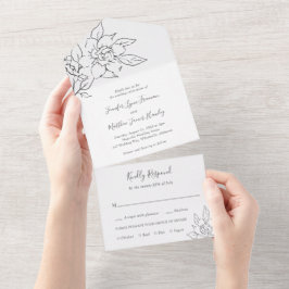 Invitación Todo En Uno Línea Neutral Arte Boda Floral Elegante