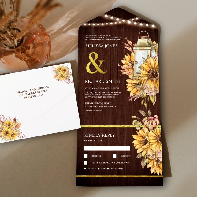 Invitación Todo En Uno Linterna de madera rústica de granero boho girasol (Subido por el creador)