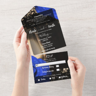 Invitación Todo En Uno Linterna Rústica & Rosas Azules Boda + RSVP 
