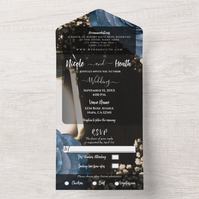 Invitación Todo En Uno Linterna Rústica y Rosas Azules Polvorientas Boda  (Interior)