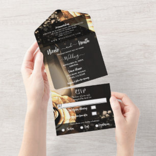 Invitación Todo En Uno Linterna Rústica y Rosas Doradas Vintage para Boda