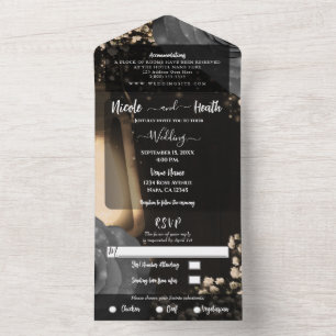 Invitación Todo En Uno Linterna Rústica y Rosas Gris Plateado para Boda