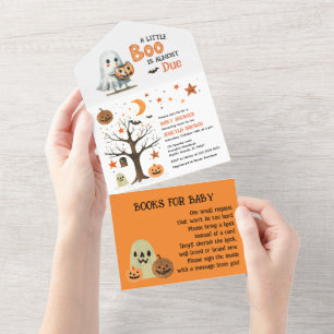 Invitación Todo En Uno Little Boo Watercolor Halloween Ghost Baby Shower