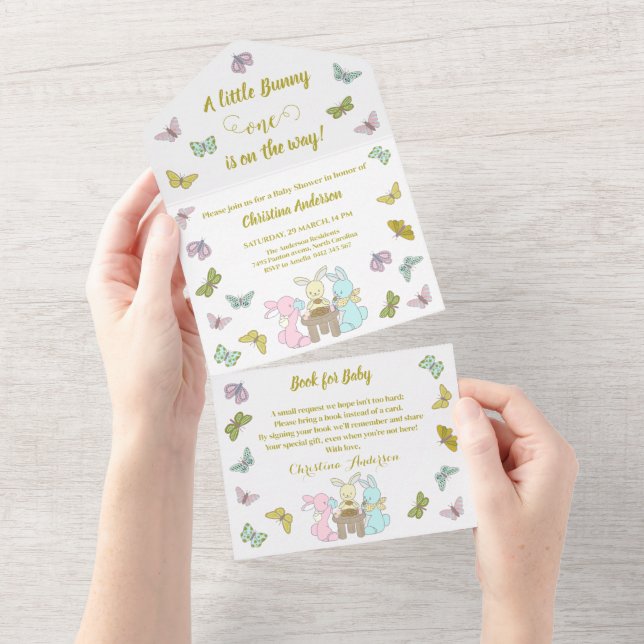 Invitación Todo En Uno Little Bunny Butterfly One Birday Baby Shower (desgarro)