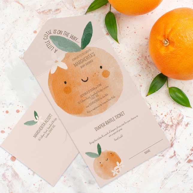 Invitación Todo En Uno Little Cutie Naranja Citrus Botanus Baby Shower (Subido por el creador)