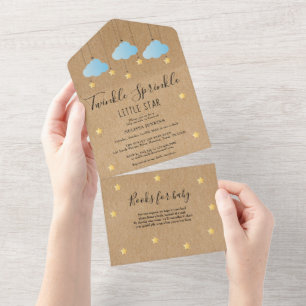 Invitación Todo En Uno Lluvia de Brillo Azul Rústico Nubes Baby Shower