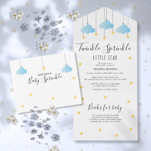 Invitación Todo En Uno Lluvia de Brillo Nubes Azules Estrellas Doradas Ba