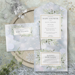 Invitación Todo En Uno Lluvia de nieve de invierno Verde follaje Baby Sho