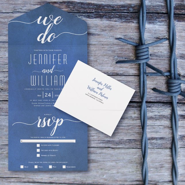 Invitación Todo En Uno "Lo hacemos" boda de caligrafía de escritura azul (Subido por el creador)