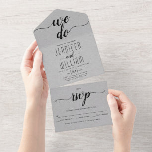 Invitación Todo En Uno "Lo hacemos" guión caligrafía kraft gris weddin