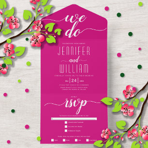 Invitación Todo En Uno "Lo hacemos" magenta boda de caligrafía de escritu