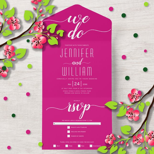 Invitación Todo En Uno "Lo hacemos" magenta boda de caligrafía de escritu (Subido por el creador)