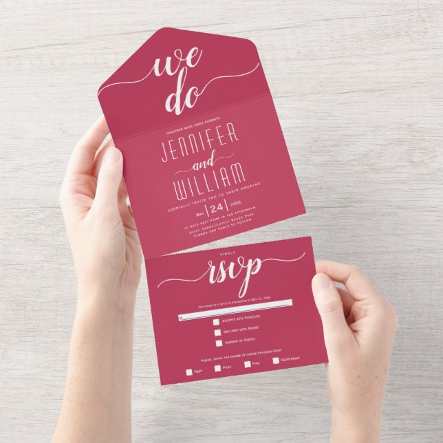 Invitación Todo En Uno "Lo hacemos" viva magenta script calligraphy boda (desgarro)