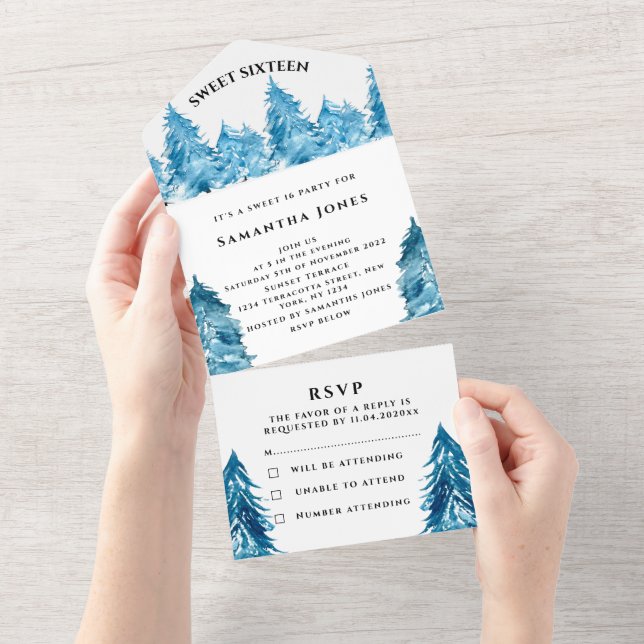 Invitación Todo En Uno Los Pinos Dulces 16 Bonitos Azul Girly Todo En Uno (desgarro)