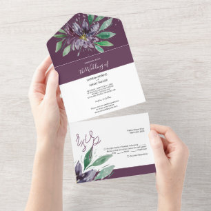 Invitación Todo En Uno Loto Morado Moderno Acuarela Pintado a Mano