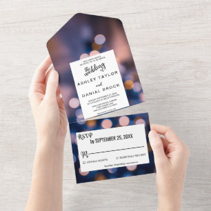 Invitación Todo En Uno Luces brillantes elegantes Boda azul borroso Todo
