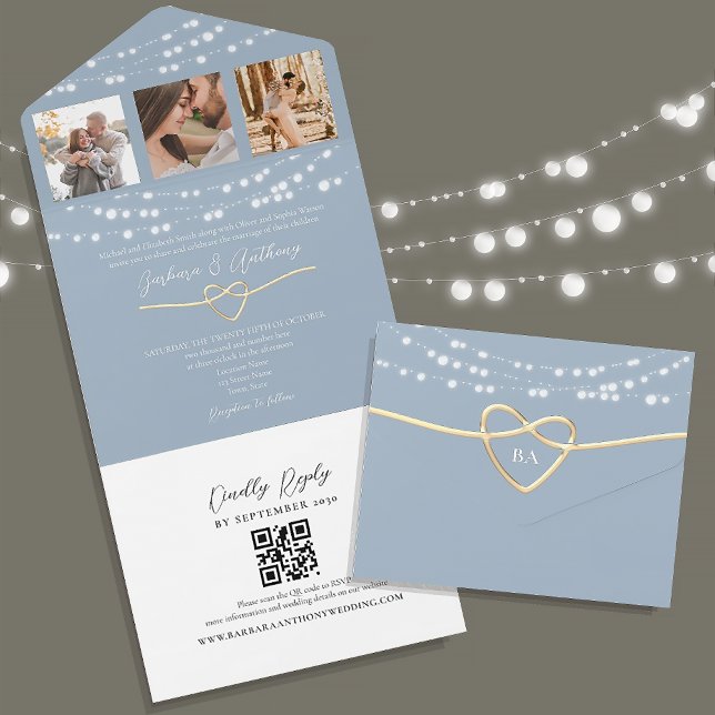 Invitación Todo En Uno Luces de cadena Código QR Boda azul turbio (Subido por el creador)