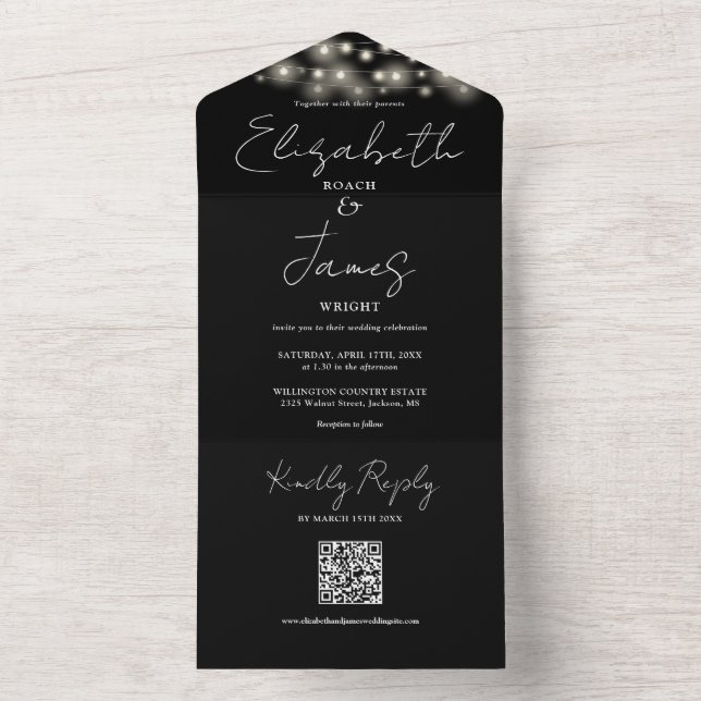 Invitación Todo En Uno Luces de cadena Código QR Boda blanco y negro (Interior)