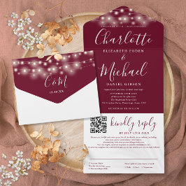 Invitación Todo En Uno Luces de Cadena Código QR de Bodas Guión Burgundy