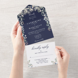 Invitación Todo En Uno Luces de Cadena de Floral Verde Azul Marino Boda