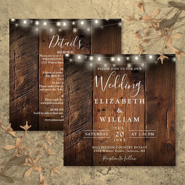 Invitación Todo en uno Luces de Cadena de Madera Rústica de G (All In One Rustic Barn Wood String Lights Wedding Invitation)