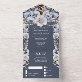 Invitación Todo En Uno Luces de cadena de rosa de país gris y azul turbio