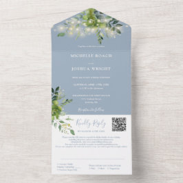 Invitación Todo En Uno Luces de Cadena de Verde QR Code Boda Azul Polvo