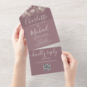 Invitación Todo En Uno Luces de Cadena Malva Código QR Monograma Boda 