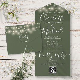 Invitación Todo En Uno Luces de cadena oliva Código QR Boda de monograma