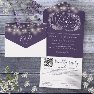 Invitación Todo En Uno Luces de cadena púrpura Boda de código QR