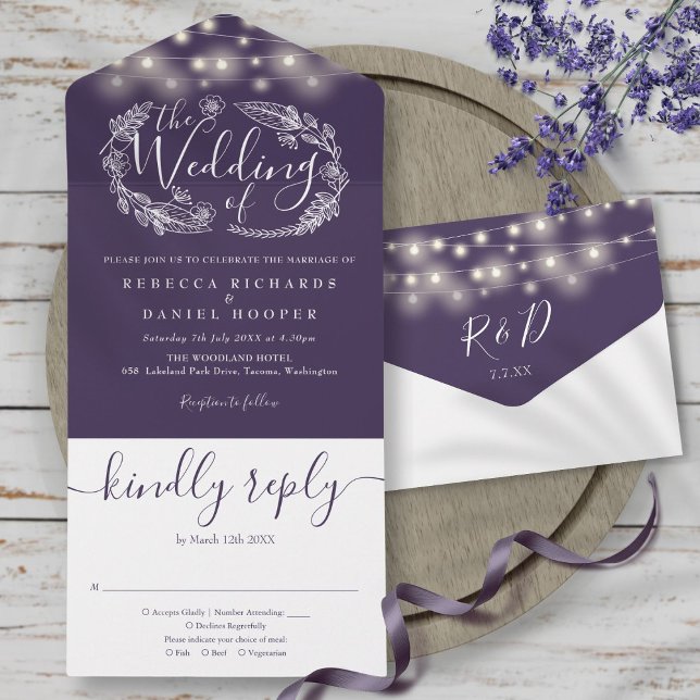 Invitación Todo En Uno Luces de cadena púrpura Foliage Boda Floral (Purple String Lights Foliage Floral Wedding All In One Invitation)