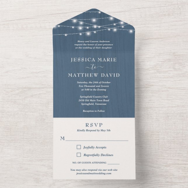 Invitación Todo En Uno Luces de Cadena Rústicas para Casa de Campo Boda T (Interior)