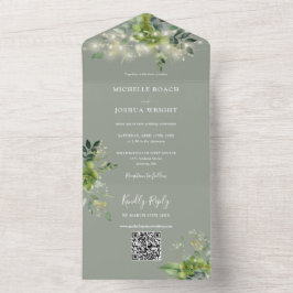 Invitación Todo En Uno Luces de Cadena Verde Botanico Código QR Verde Sal