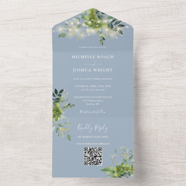 Invitación Todo En Uno Luces de cadena verde Código QR Boda azul turbio (Interior)