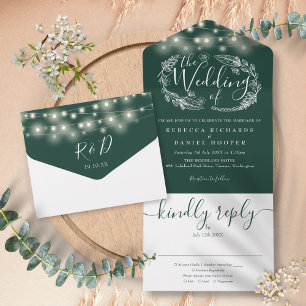 Invitación Todo En Uno Luces de Cadena Verde Esmeralda para Bodas con Fol