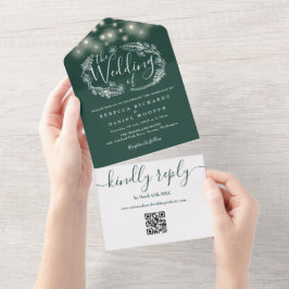 Invitación Todo En Uno Luces de Cadena Verdes Esmeralda Código QR Boda