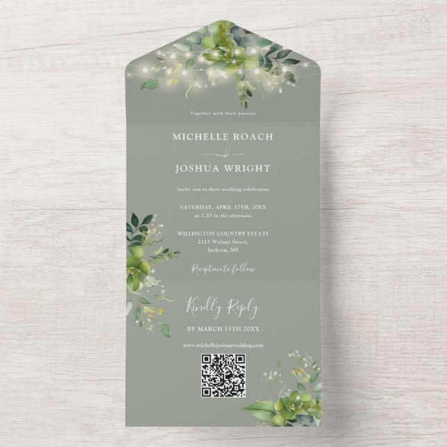 Invitación Todo En Uno Luces de cadena Verdor Código QR Boda verde sabio (Interior)