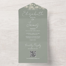 Invitación Todo En Uno Luces de Cadenas Código QR Verde Sage Boda