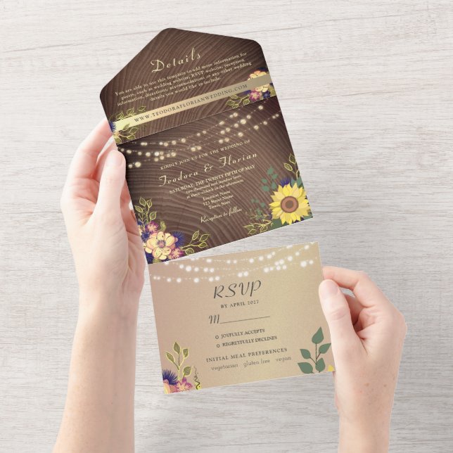 Invitación Todo En Uno Luces de Cadenas Florales Rústicas para Bodas (desgarro)