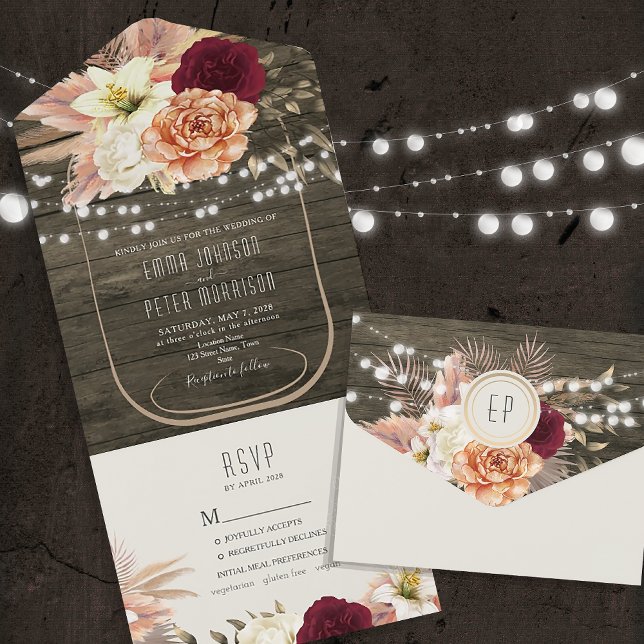 Invitación Todo En Uno Luces de Cadenas Florales Rústicas para Bodas (Subido por el creador)