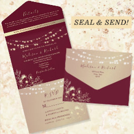 Invitación Todo En Uno Luces de Cadenas Rústicas Burgundy Boda