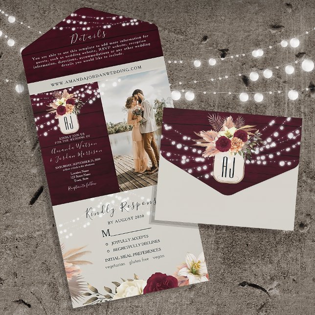 Invitación Todo En Uno Luces de Cadenas Rústicas Burgundy para Bodas (Subido por el creador)