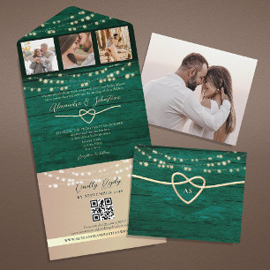 Invitación Todo En Uno Luces de Cadenas Verde Esmeralda Boda Código QR