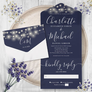 Invitación Todo En Uno Luces de Cuerda Azul Marino Boda Moderna Letra