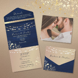 Invitación Todo En Uno Luces de Cuerda Azules Marinos Rústicas para Bodas