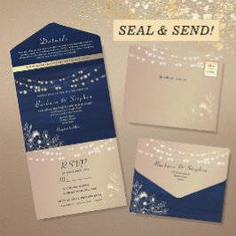 Invitación Todo En Uno Luces de Cuerda Azules Marinos Rústicas para Bodas